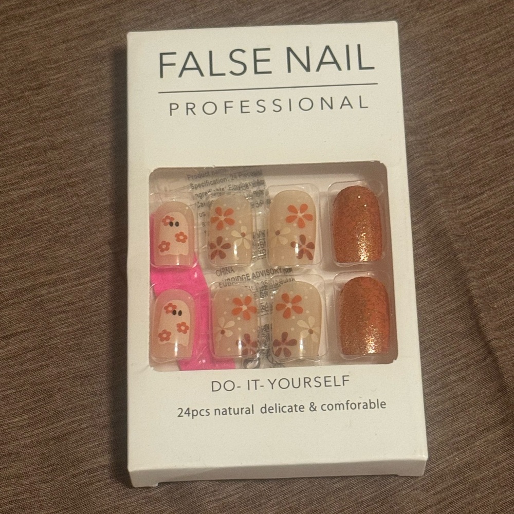 Floral and Orange Glitter Press On Nails